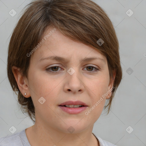 Joyful white young-adult female with medium  brown hair and grey eyes