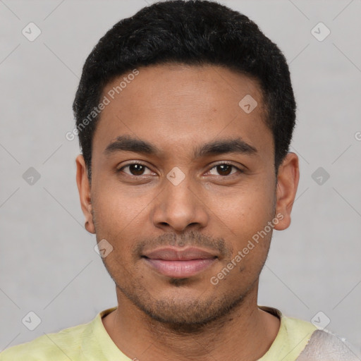 Neutral latino young-adult male with short  black hair and brown eyes