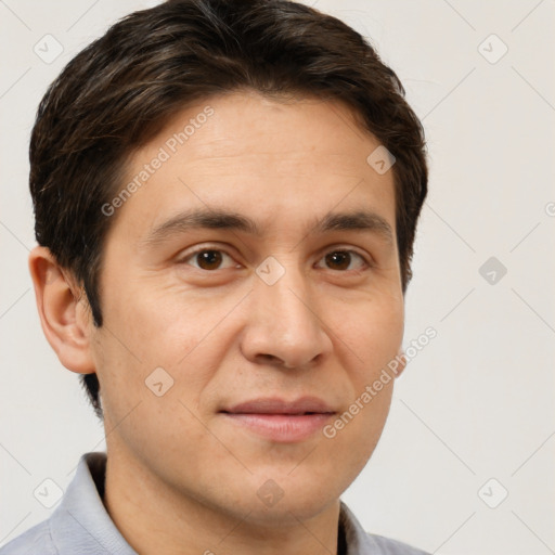 Joyful white adult male with short  brown hair and brown eyes