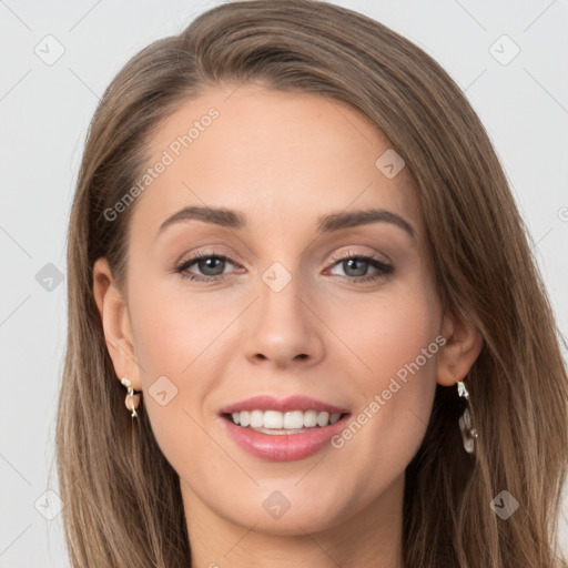 Joyful white young-adult female with long  brown hair and grey eyes