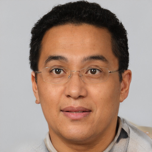 Joyful latino adult male with short  brown hair and brown eyes