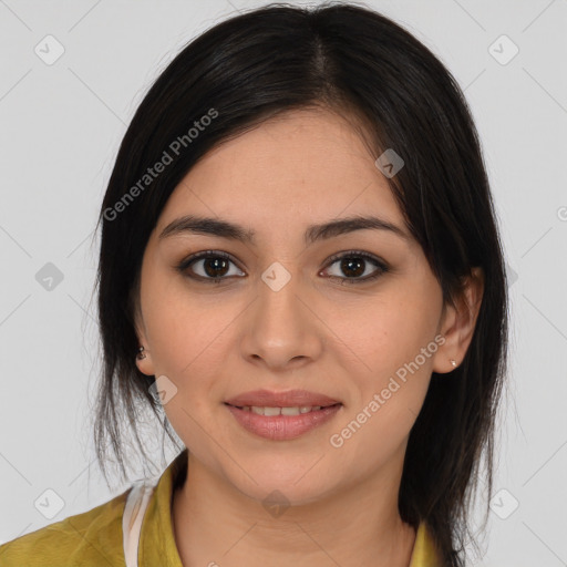 Joyful white young-adult female with medium  brown hair and brown eyes