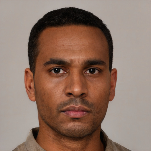 Neutral black young-adult male with short  black hair and brown eyes