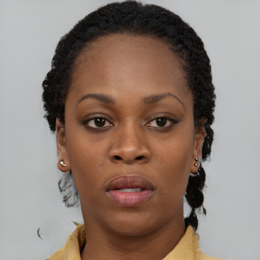 Neutral black young-adult female with short  brown hair and brown eyes