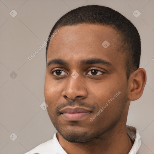 Neutral black young-adult male with short  black hair and brown eyes