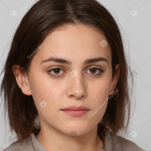 Neutral white young-adult female with medium  brown hair and brown eyes