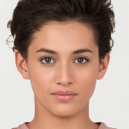 Neutral white young-adult female with short  brown hair and brown eyes