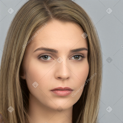 Neutral white young-adult female with long  brown hair and brown eyes