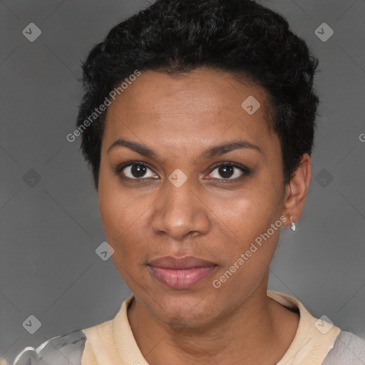 Neutral black adult female with short  brown hair and brown eyes