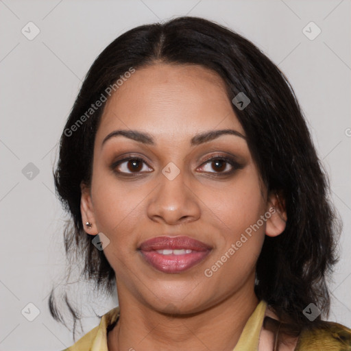 Joyful latino young-adult female with medium  black hair and brown eyes