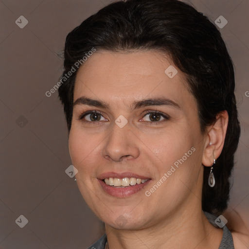 Joyful white young-adult female with medium  brown hair and brown eyes