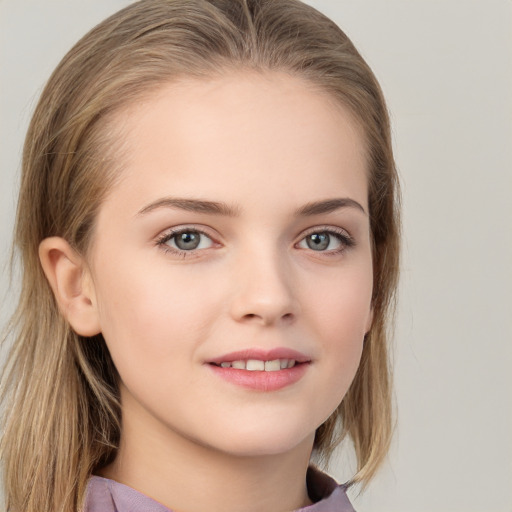 Joyful white child female with long  brown hair and grey eyes