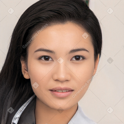 Joyful asian young-adult female with long  black hair and brown eyes