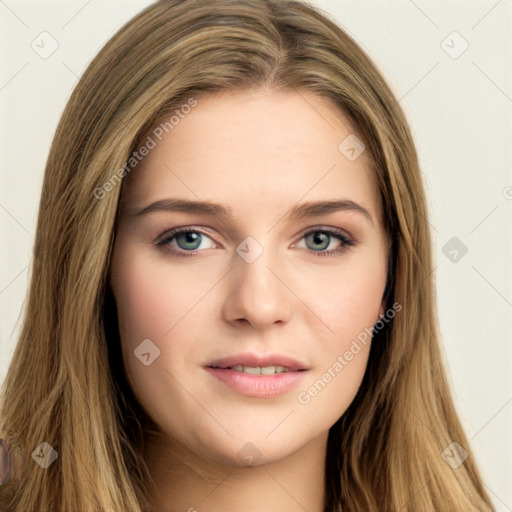 Neutral white young-adult female with long  brown hair and brown eyes