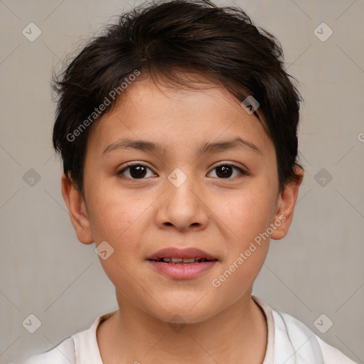 Joyful white child female with short  brown hair and brown eyes