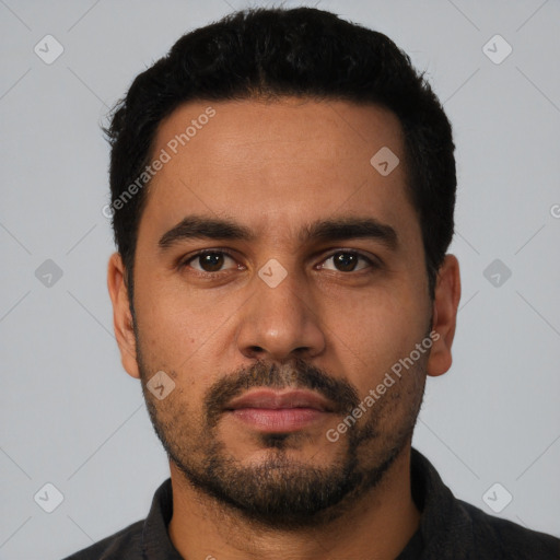 Neutral latino young-adult male with short  black hair and brown eyes