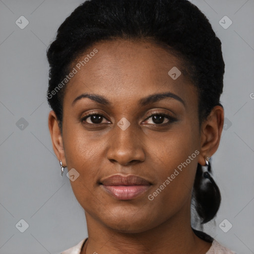 Neutral black young-adult female with short  brown hair and brown eyes