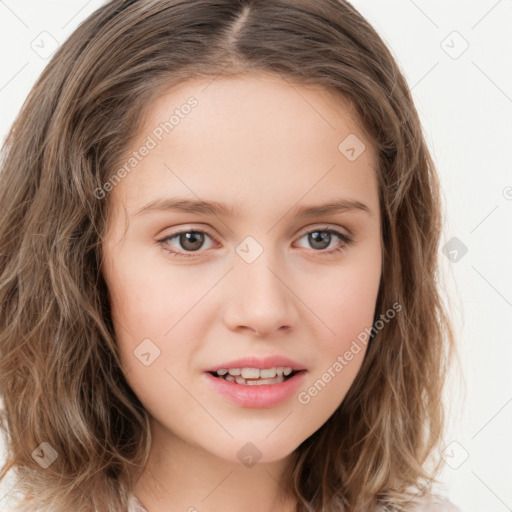 Joyful white young-adult female with long  brown hair and green eyes