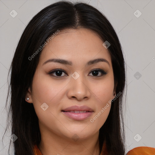 Joyful asian young-adult female with long  brown hair and brown eyes