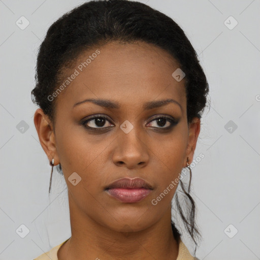 Neutral black young-adult female with short  brown hair and brown eyes