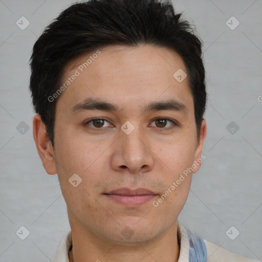 Neutral asian young-adult male with short  brown hair and brown eyes