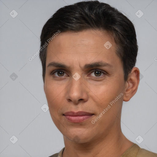 Joyful white adult female with short  brown hair and brown eyes