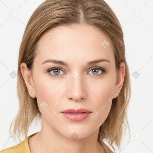 Joyful white young-adult female with medium  brown hair and blue eyes