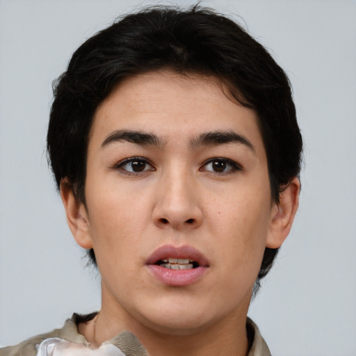 Neutral asian young-adult female with short  brown hair and brown eyes