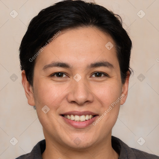 Joyful white young-adult male with medium  brown hair and brown eyes