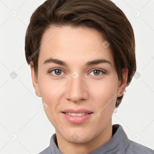 Joyful white young-adult female with short  brown hair and grey eyes