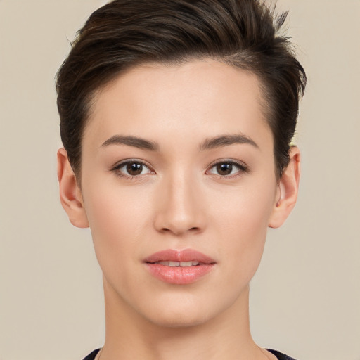 Neutral white young-adult female with short  brown hair and brown eyes