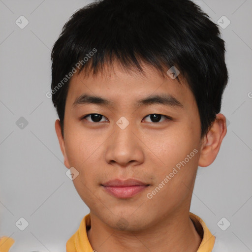 Neutral asian young-adult male with short  black hair and brown eyes