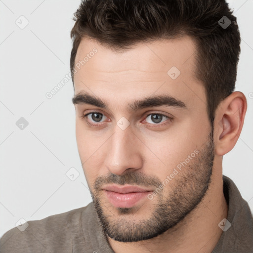 Neutral white young-adult male with short  brown hair and brown eyes