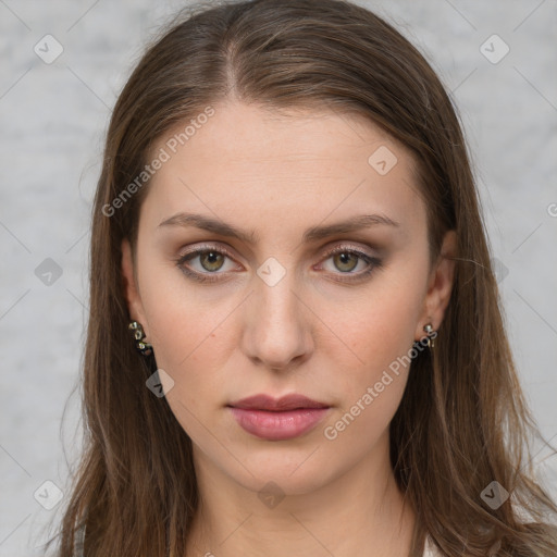 Neutral white young-adult female with long  brown hair and brown eyes