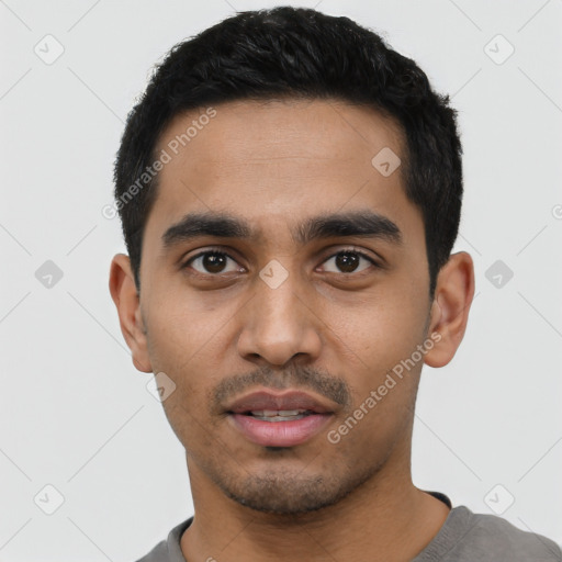 Neutral latino young-adult male with short  black hair and brown eyes