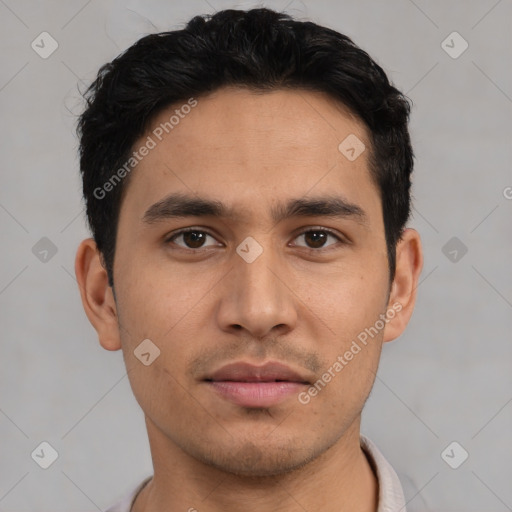 Neutral asian young-adult male with short  black hair and brown eyes