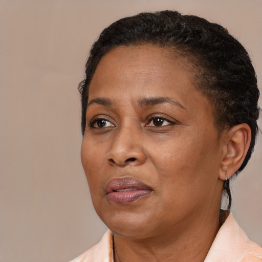 Joyful black adult female with short  brown hair and brown eyes