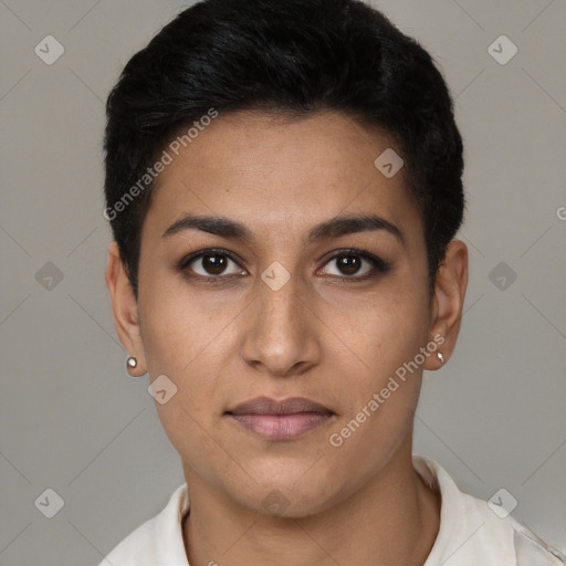 Joyful latino young-adult female with short  black hair and brown eyes