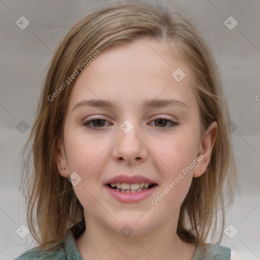 Joyful white child female with medium  brown hair and grey eyes