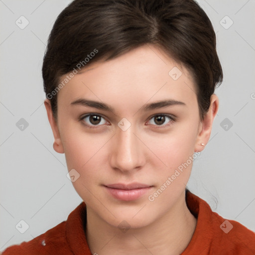 Neutral white young-adult female with short  brown hair and brown eyes