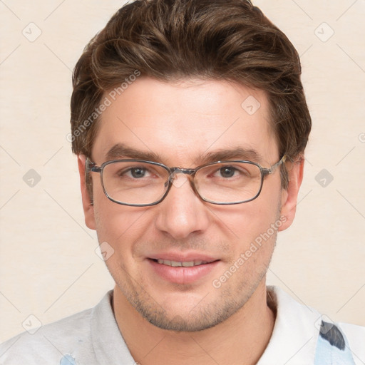 Joyful white adult male with short  brown hair and grey eyes