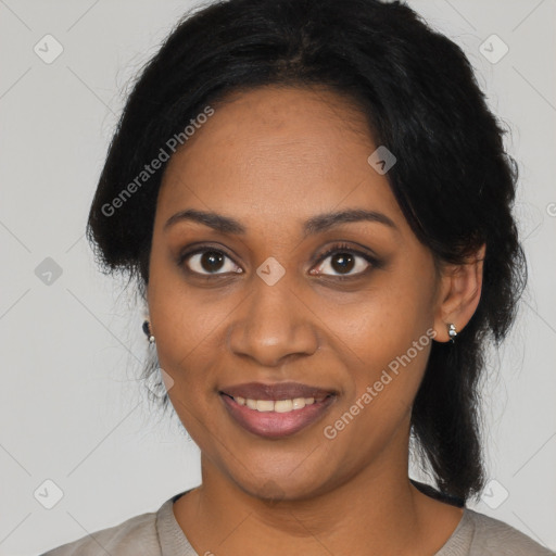 Joyful black young-adult female with medium  black hair and brown eyes