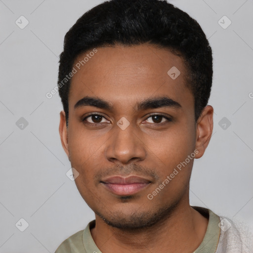 Neutral latino young-adult male with short  black hair and brown eyes