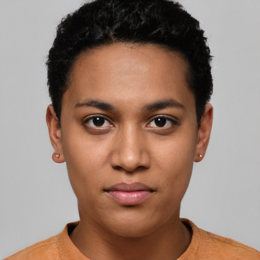 Neutral latino young-adult female with short  black hair and brown eyes