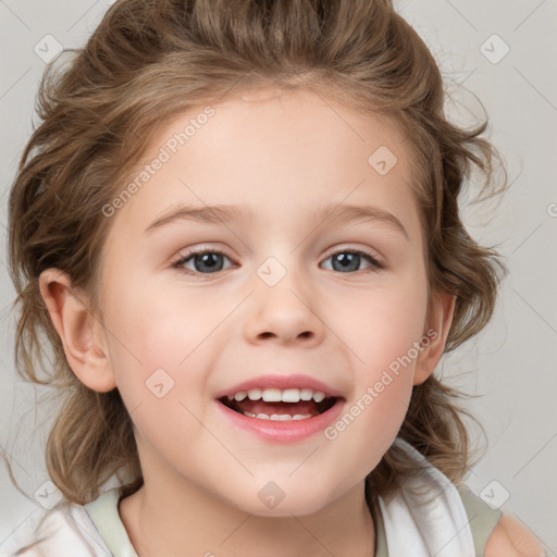 Joyful white child female with medium  brown hair and brown eyes