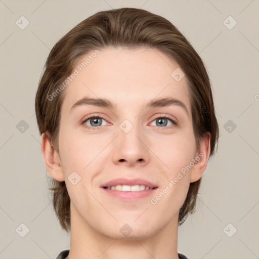 Joyful white young-adult female with medium  brown hair and grey eyes