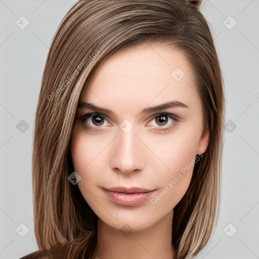 Neutral white young-adult female with long  brown hair and brown eyes