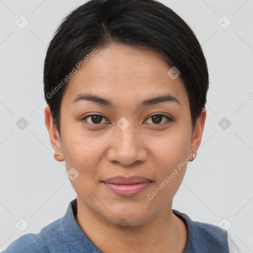 Joyful asian young-adult female with short  brown hair and brown eyes