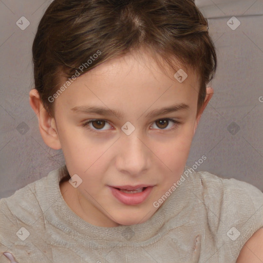 Joyful white child female with short  brown hair and brown eyes