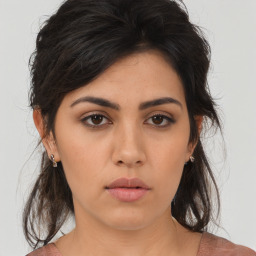 Neutral asian young-adult female with medium  brown hair and brown eyes